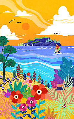 PSD 나무 꽃 바다 줄기 섬 요트 일러스트 조류 풍경 사람없음 컬러풀 태양 노을 여름풍경 바위 풀잎 화려 국내일러스트 자연요소 식물 동물 컬러 컨셉 잎 배_교통 돌_바위 풀_식물 파일형식 여름_계절