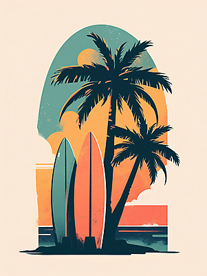 JPG 구름 파도 일러스트 하늘 해변 사람없음 여름 여름휴가 야자수 주황색 일몰 서핑보드 서핑 분위기 국내일러스트 AI일러스트 AI콘텐츠 자연요소 나무 계절 바다 컬러 컨셉 휴가 노을 수상스포츠 보드_스포츠 파일형식 여름_계절