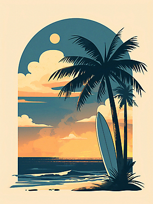 JPG 구름 파도 일러스트 하늘 해변 사람없음 여름 파란색 여름휴가 야자수 태양 일몰 서핑보드 서핑 분위기 국내일러스트 AI일러스트 AI콘텐츠 자연요소 나무 계절 바다 컬러 컨셉 휴가 노을 수상스포츠 보드_스포츠 파일형식 여름_계절