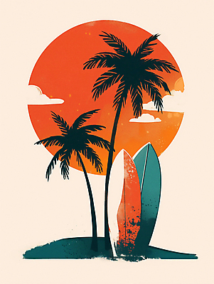 JPG 구름 일러스트 하늘 해변 사람없음 여름 여름휴가 야자수 주황색 일몰 서핑보드 서핑 분위기 국내일러스트 AI일러스트 AI콘텐츠 자연요소 나무 계절 바다 컬러 컨셉 휴가 노을 수상스포츠 보드_스포츠 파일형식 여름_계절