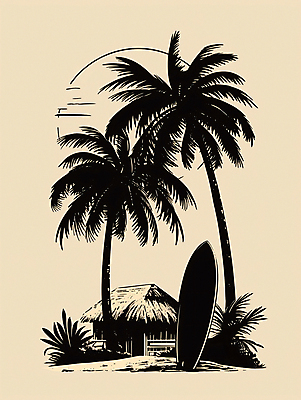 JPG 구름 일러스트 하늘 해변 사람없음 여름 여름휴가 야자수 태양 검은색 일몰 서핑보드 서핑 분위기 오두막 국내일러스트 AI일러스트 AI콘텐츠 자연요소 나무 계절 바다 컬러 컨셉 휴가 노을 수상스포츠 보드_스포츠 파일형식 여름_계절