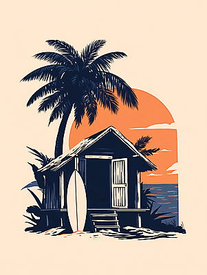 JPG 구름 파도 일러스트 하늘 해변 사람없음 여름 여름휴가 야자수 주황색 일몰 서핑보드 서핑 분위기 오두막 국내일러스트 AI일러스트 AI콘텐츠 자연요소 나무 계절 바다 컬러 컨셉 휴가 노을 수상스포츠 보드_스포츠 파일형식 여름_계절