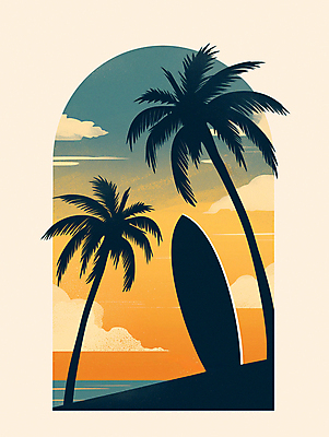 JPG 구름 파도 일러스트 하늘 해변 사람없음 여름 여름휴가 야자수 검은색 일몰 서핑보드 서핑 분위기 국내일러스트 AI일러스트 AI콘텐츠 자연요소 나무 계절 바다 컬러 컨셉 휴가 노을 수상스포츠 보드_스포츠 파일형식 여름_계절