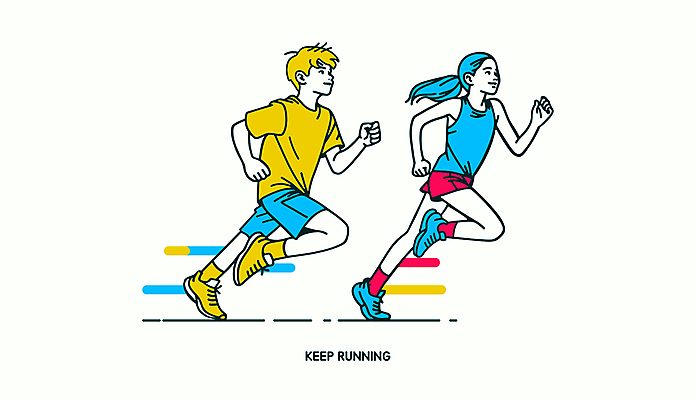 전신 캐릭터 여자 남자 행복 하늘색 운동화 일러스트 건강 미소 웃음 성인 두명 빨간색 운동복 달리기 조깅 노란색 즐거움 성인만 일러캐릭터 AI파일 옷 감정 컬러 신발 모션 표정 사람 파란색 운동 파일형식 벡터