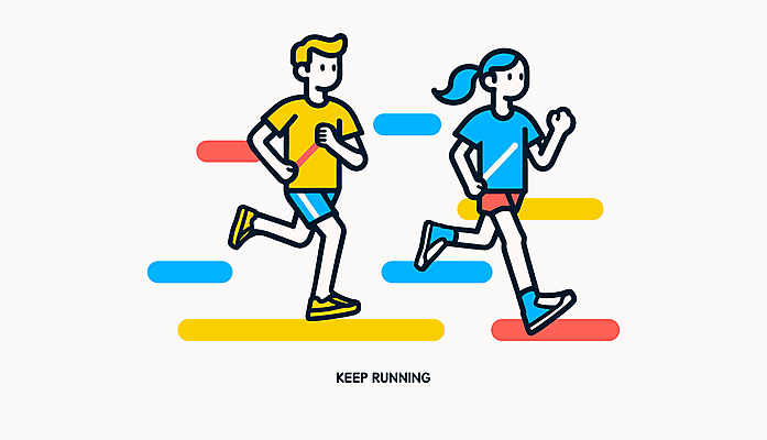 전신 캐릭터 여자 남자 하늘색 운동화 일러스트 건강 성인 두명 빨간색 운동복 달리기 조깅 노란색 러닝 성인만 일러캐릭터 AI파일 옷 컬러 신발 모션 사람 파란색 운동 파일형식 벡터