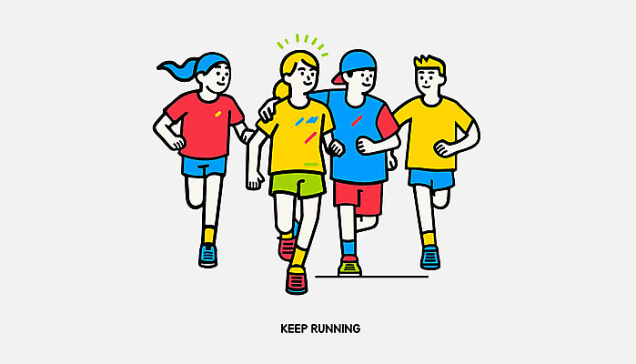 전신 캐릭터 응시 여자 남자 행복 하늘색 운동화 일러스트 어깨동무 건강 미소 웃음 여러명 성인 빨간색 운동복 달리기 조깅 노란색 즐거움 러닝 성인만 일러캐릭터 AI파일 시선 옷 감정 컬러 포즈 다수 신발 모션 표정 사람 파란색 운동 파일형식 벡터