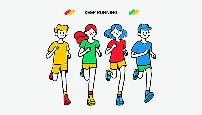 전신 캐릭터 여자 남자 행복 운동화 일러스트 건강 미소 웃음 여러명 성인 운동복 컬러풀 달리기 조깅 즐거움 러닝 성인만 일러캐릭터 AI파일 옷 감정 컬러 다수 신발 모션 표정 사람 운동 파일형식 벡터