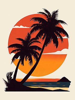 JPG 구름 파도 일러스트 자연 하늘 휴식 해변 사람없음 빨간색 여름휴가 야자수 일몰 휴양지 카피스페이스 국내일러스트 AI일러스트 AI콘텐츠 자연요소 나무 바다 컬러 컨셉 휴가 노을 공백 장소 생태계 파일형식 여름_계절