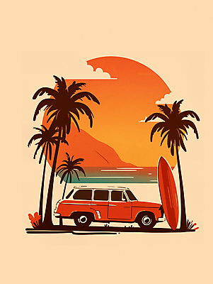 JPG 구름 파도 일러스트 자연 하늘 휴식 해변 사람없음 여름휴가 야자수 주황색 일몰 서핑보드 휴양지 클래식카 카피스페이스 국내일러스트 AI일러스트 AI콘텐츠 자연요소 나무 바다 컬러 컨셉 승용차 휴가 노을 공백 장소 보드_스포츠 생태계 파일형식 여름_계절