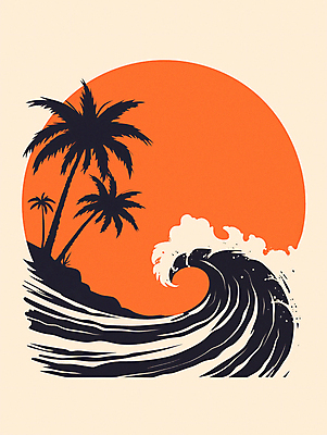 JPG 구름 파도 일러스트 자연 하늘 휴식 해변 사람없음 빨간색 여름휴가 야자수 일몰 휴양지 카피스페이스 국내일러스트 AI일러스트 AI콘텐츠 자연요소 나무 바다 컬러 컨셉 휴가 노을 공백 장소 생태계 파일형식 여름_계절