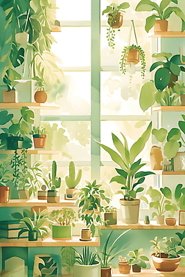JPG 화분 화초 일러스트 자연 프레임 실내 사람없음 초록색 인테리어 창가 카피스페이스 플랜테리어 국내일러스트 AI일러스트 AI콘텐츠 식물 디자인 컬러 창문 내부 공백 생태계 파일형식