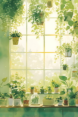 JPG 화분 화초 일러스트 자연 프레임 실내 사람없음 초록색 인테리어 창가 조용 카피스페이스 플랜테리어 국내일러스트 AI일러스트 AI콘텐츠 식물 디자인 컬러 창문 내부 공백 생태계 파일형식