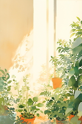 JPG 화분 화초 일러스트 자연 프레임 실내 사람없음 초록색 인테리어 고요 창가 카피스페이스 플랜테리어 국내일러스트 AI일러스트 AI콘텐츠 식물 디자인 컬러 창문 내부 공백 생태계 파일형식