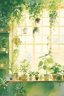 JPG 화분 화초 일러스트 자연 프레임 실내 사람없음 초록색 인테리어 평화 창가 카피스페이스 플랜테리어 국내일러스트 AI일러스트 AI콘텐츠 식물 디자인 컬러 컨셉 창문 내부 공백 생태계 파일형식