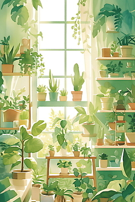 JPG 화분 화초 일러스트 자연 프레임 실내 사람없음 초록색 인테리어 고요 창가 카피스페이스 플랜테리어 국내일러스트 AI일러스트 AI콘텐츠 식물 디자인 컬러 창문 내부 공백 생태계 파일형식