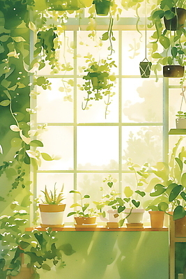 JPG 화분 화초 일러스트 자연 프레임 실내 사람없음 초록색 인테리어 평화 창가 카피스페이스 플랜테리어 국내일러스트 AI일러스트 AI콘텐츠 식물 디자인 컬러 컨셉 창문 내부 공백 생태계 파일형식