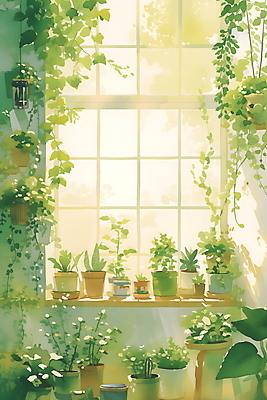 JPG 화분 화초 일러스트 자연 프레임 실내 사람없음 초록색 인테리어 평화 창가 카피스페이스 플랜테리어 국내일러스트 AI일러스트 AI콘텐츠 식물 디자인 컬러 컨셉 창문 내부 공백 생태계 파일형식