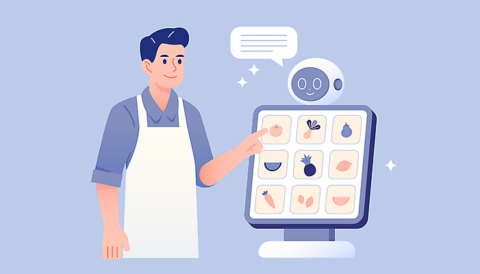 남자 말풍선 일러스트 식재료 재료 안내 기술 한명 성인 파란색 반짝임 요리사 앞치마 가리킴 선택 로봇 추천 터치스크린 성인남자한명만 국내일러스트 AI파일 직업 1 컬러 컨셉 모션 사람 손짓 남자한명만 성인남자만 파일형식 벡터