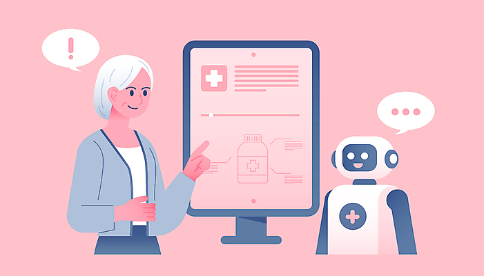 여자 노년 할머니 분홍색 말풍선 일러스트 기술 설명 한명 약 건강관리 모니터 의사 가리킴 느낌표 로봇 상담 추천 처방 노인여자한명만 국내일러스트 AI파일 1 기호 컬러 의학 모션 건강 관리 사람 손짓 성인 컴퓨터 의료진 여자한명만 노인여자만 파일형식 벡터