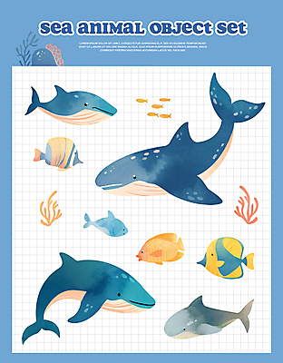 PSD 바다 일러스트 사람없음 여름 파란색 분위기 산호 고래 열대어 돌고래 국내일러스트 계절 컬러 컨셉 포유류 어류 수중동물 자포동물 파일형식