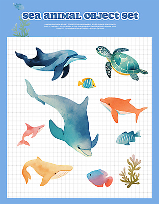 PSD 바다 하늘색 일러스트 사람없음 여름 분위기 산호 거북이 고래 열대어 돌고래 국내일러스트 계절 컨셉 포유류 파충류 어류 파란색 수중동물 자포동물 파일형식