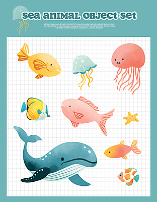 PSD 바다 일러스트 불가사리 사람없음 여름 분위기 고래 열대어 청록색 해파리 국내일러스트 계절 컬러 컨셉 포유류 극피동물 어류 수중동물 자포동물 파일형식