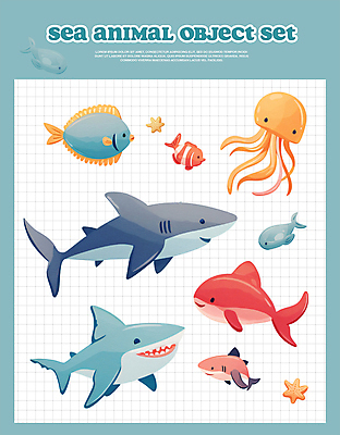 PSD 바다 하늘색 일러스트 사람없음 여름 분위기 산호 고래 열대어 돌고래 상어 해파리 국내일러스트 계절 컨셉 포유류 어류 파란색 수중동물 자포동물 파일형식