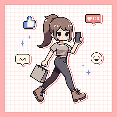 캐릭터 여자 분홍색 일러스트 한명 들기 성인 스마트폰 쇼핑 쇼핑백 걷기 귀여움 하트 최고 이모티콘 소셜네트워크 성인여자한명만 일러캐릭터 AI파일 모양 1 컬러 컨셉 가방 모션 사람 핸드폰 스마트기기 여자한명만 성인여자만 파일형식 벡터