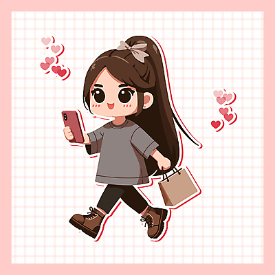 캐릭터 여자 분홍색 일러스트 한명 들기 성인 스마트폰 쇼핑 쇼핑백 걷기 귀여움 하트 소셜네트워크 성인여자한명만 일러캐릭터 AI파일 모양 1 컬러 컨셉 가방 모션 사람 핸드폰 스마트기기 여자한명만 성인여자만 파일형식 벡터