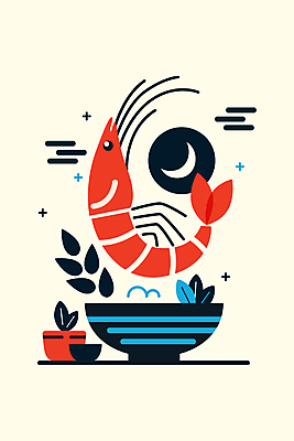 구름 그릇 음식 일러스트 식재료 나뭇잎 새우 사람없음 반짝임 주황색 달 해산물 국내일러스트 AI파일 자연요소 식기 컬러 잎 모션 갑각류 파일형식 벡터