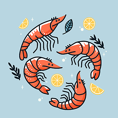 음식 하늘색 일러스트 식재료 나뭇잎 사람없음 반짝임 레몬 해산물 딱새우 국내일러스트 AI파일 잎 과일 모션 새우 파란색 파일형식 벡터