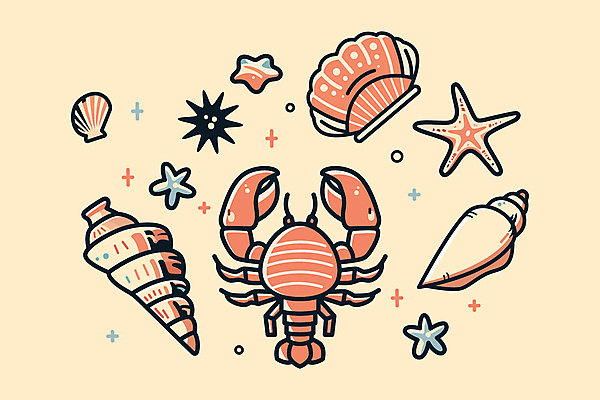 바다 일러스트 식재료 불가사리 사람없음 여름 노란색 소라 바닷가재 해산물 고둥 가리비 성게 국내일러스트 AI파일 계절 컬러 조개 어패류 극피동물 가재 파일형식 벡터