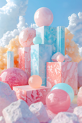 JPG 구름 편집이미지 사람없음 인테리어 컬러풀 사각형 화려 구슬 입체 대리석 버블 마블링 파스텔톤 편집실사 AI컴퓨터그래픽 AI콘텐츠 자연요소 도형 디자인 컬러 컨셉 재료 CG 파일형식