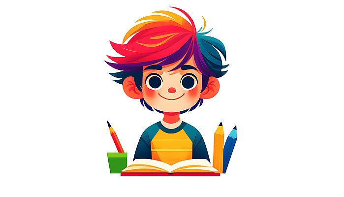 JPG 캐릭터 교육 남자 어린이 일러스트 상상 아이디어 한명 미소 소년 책 컬러풀 연필 창의력 소년한명만 일러캐릭터 AI일러스트 AI콘텐츠 1 컬러 컨셉 학용품 표정 사람 필기구 남자한명만 소년만 파일형식