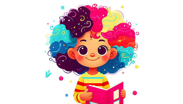 JPG 캐릭터 여자 교육 어린이 일러스트 상상 아이디어 한명 미소 소녀 책 컬러풀 파마 창의력 소녀한명만 일러캐릭터 AI일러스트 AI콘텐츠 1 헤어스타일 컬러 컨셉 표정 사람 여자한명만 소녀만 파일형식