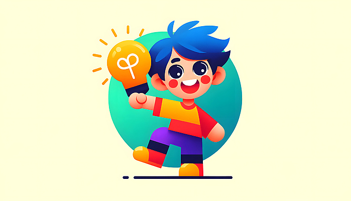 JPG 캐릭터 교육 남자 어린이 일러스트 전구 상상 아이디어 한명 미소 들기 소년 컬러풀 다리들기 창의력 소년한명만 일러캐릭터 AI일러스트 AI콘텐츠 1 컬러 컨셉 모션 표정 사람 남자한명만 소년만 파일형식