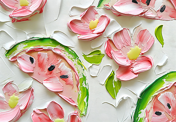 JPG 편집이미지 꽃 예술 분홍색 잎 수박 사람없음 초록색 그림 질감 아크릴물감 편집실사 식물 컬러 과일 물감 CG 파일형식