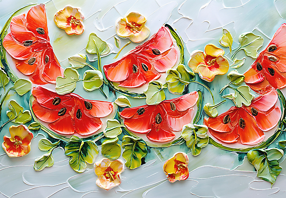 JPG 편집이미지 꽃 예술 잎 수박 사람없음 빨간색 초록색 그림 질감 아크릴물감 편집실사 식물 컬러 과일 물감 CG 파일형식