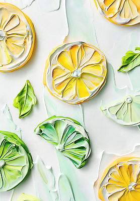 JPG 편집이미지 예술 잎 사람없음 초록색 노란색 레몬 그림 질감 라임 아크릴물감 편집실사 식물 컬러 과일 물감 CG 파일형식