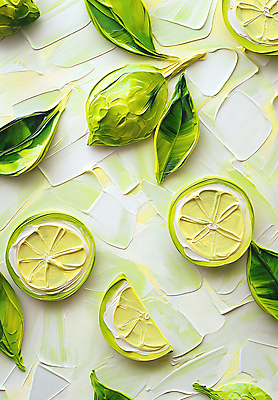 JPG 편집이미지 예술 잎 사람없음 초록색 노란색 레몬 그림 질감 라임 아크릴물감 편집실사 식물 컬러 과일 물감 CG 파일형식