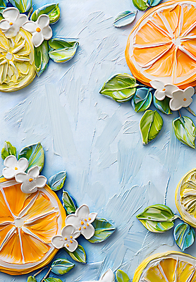 JPG 편집이미지 꽃 예술 잎 오렌지 사람없음 노란색 주황색 레몬 그림 질감 아크릴물감 편집실사 식물 컬러 과일 물감 CG 파일형식