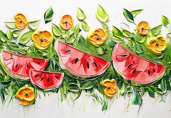 JPG 편집이미지 꽃 예술 잎 수박 사람없음 빨간색 초록색 그림 질감 아크릴물감 편집실사 식물 컬러 과일 물감 CG 파일형식