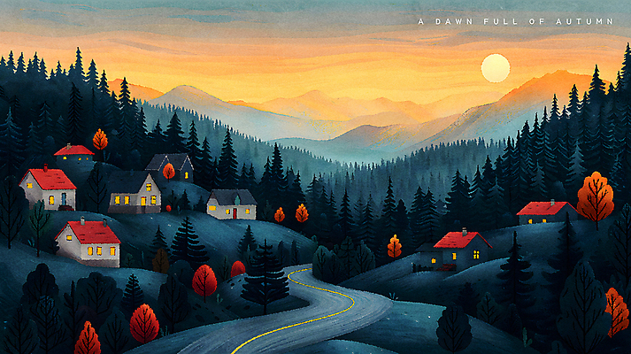 PSD 나무 편집이미지 도로 자연 산 주택 풍경 사람없음 태양 마을 일출 새벽 가을 시골 숲 언덕 이미지편집 자연요소 식물 계절 길 교통시설 건물 노을 생태계 파일형식