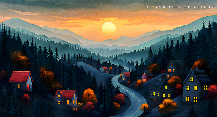 PSD 나무 편집이미지 도로 자연 산 주택 풍경 사람없음 태양 마을 일출 새벽 가을 시골 숲 언덕 이미지편집 자연요소 식물 계절 길 교통시설 건물 노을 생태계 파일형식