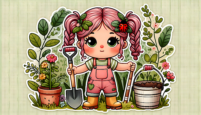 JPG 전신 여자 꽃 화분 어린이 스티커 잎 일러스트 자연 한명 들기 소녀 정원 삽 양동이 원예 무당벌레 소녀한명만 국내일러스트 AI일러스트 AI콘텐츠 식물 1 곤충 모션 사람 취미 생태계 여자한명만 소녀만 파일형식
