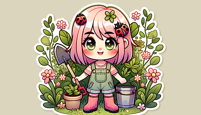 JPG 전신 여자 꽃 화분 어린이 스티커 잎 일러스트 자연 한명 들기 소녀 정원 삽 양동이 멜빵바지 원예 무당벌레 소녀한명만 국내일러스트 AI일러스트 AI콘텐츠 식물 1 곤충 바지 모션 사람 취미 멜빵 생태계 여자한명만 소녀만 파일형식