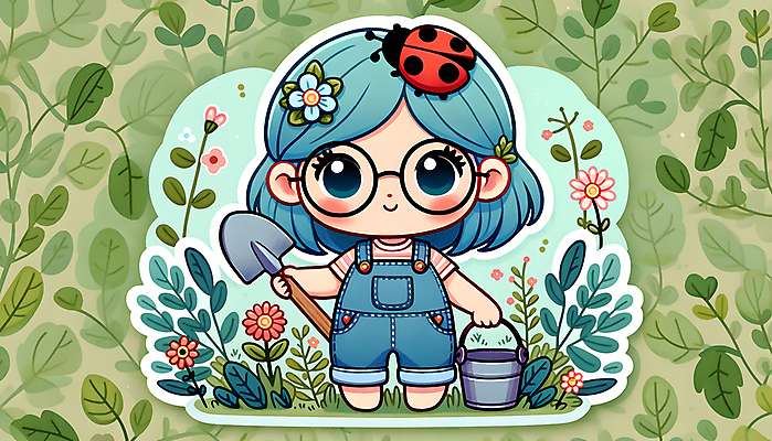 JPG 전신 여자 꽃 어린이 스티커 잎 일러스트 자연 한명 들기 소녀 정원 삽 양동이 원예 무당벌레 소녀한명만 국내일러스트 AI일러스트 AI콘텐츠 식물 1 곤충 모션 사람 취미 생태계 여자한명만 소녀만 파일형식
