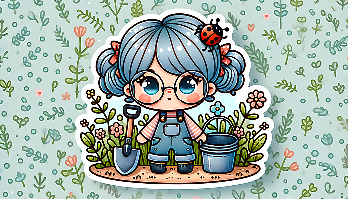 JPG 전신 여자 꽃 어린이 스티커 잎 일러스트 자연 한명 소녀 정원 삽 양동이 멜빵바지 원예 무당벌레 소녀한명만 안경낌 국내일러스트 AI일러스트 AI콘텐츠 식물 1 안경 곤충 바지 사람 취미 멜빵 생태계 여자한명만 소녀만 파일형식