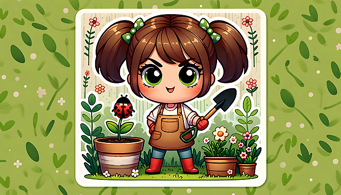 JPG 전신 나무 여자 꽃 화분 어린이 스티커 잎 일러스트 자연 한명 들기 소녀 정원 삽 원예 무당벌레 소녀한명만 국내일러스트 AI일러스트 AI콘텐츠 식물 1 곤충 모션 사람 취미 생태계 여자한명만 소녀만 파일형식