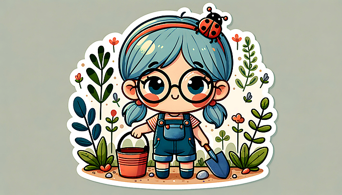 JPG 전신 여자 꽃 어린이 스티커 잎 일러스트 자연 한명 소녀 정원 잡기 머리띠 모종삽 삽 양동이 멜빵바지 원예 무당벌레 소녀한명만 안경낌 국내일러스트 AI일러스트 AI콘텐츠 식물 1 안경 곤충 장신구 바지 모션 사람 취미 멜빵 생태계 여자한명만 소녀만 파일형식